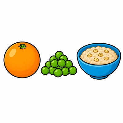 Orange, peas, and oatmeal shown side by side.