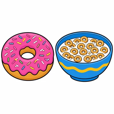A donut and a bowl of cereal shown side by side.
