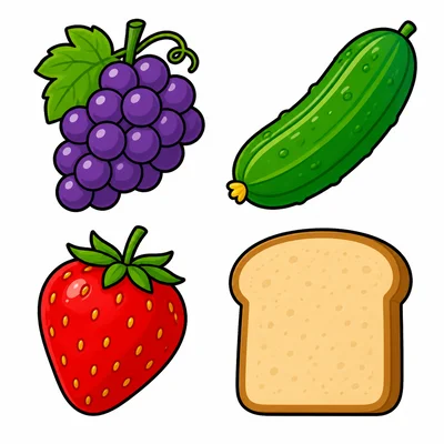 Grapes, cucumber, strawberry, and bread shown together.