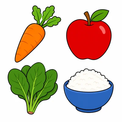 Carrot, apple, spinach, and rice shown together.