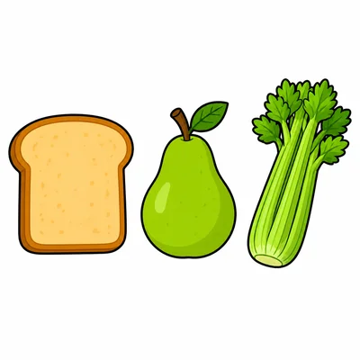 Toast, pear, and celery shown side by side.