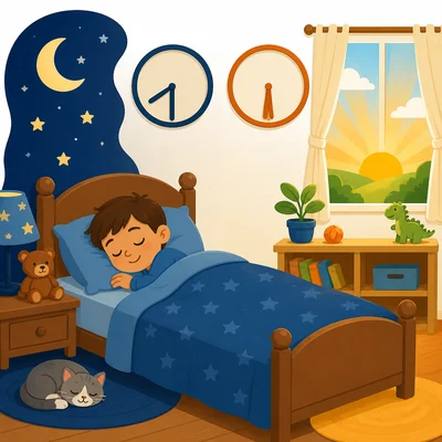 A child sleeping through the night with a moon, sunrise, and two clocks.
