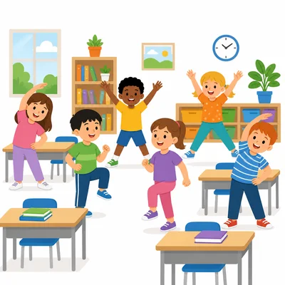 Students doing stretches and movement exercises in a classroom.