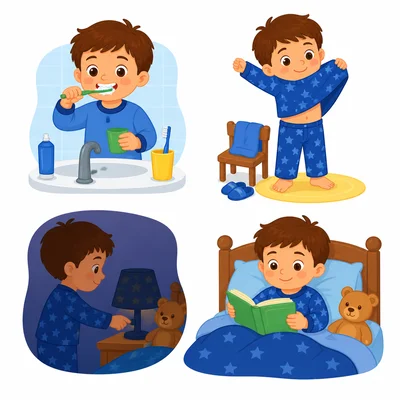 A child follows a bedtime routine: brushing teeth, pajamas, reading, and turning off the light.