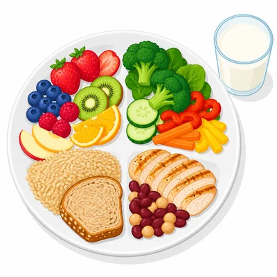 A balanced plate with fruits, vegetables, grains, protein, and milk.
