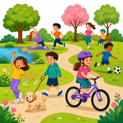 Children being active in different ways, including dancing, biking, walking a dog, and soccer.