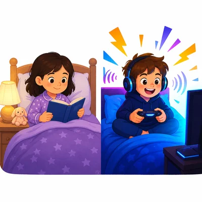 A calm bedtime reading scene beside an exciting video game scene.