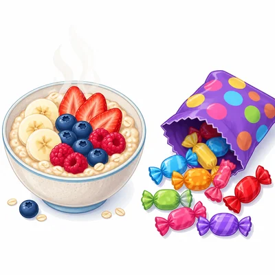 A bowl of oatmeal with fruit next to a bag of candy.
