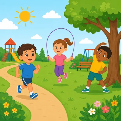 Children exercising outside in a park.