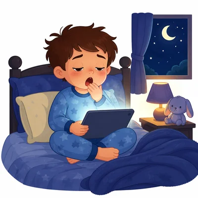 A tired child stays up late using a tablet in bed.