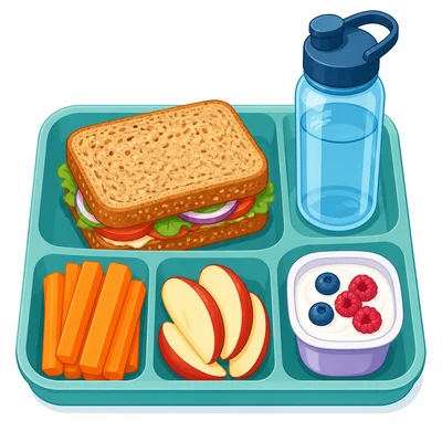 A healthy lunch with a sandwich, fruits, vegetables, yogurt, and water.