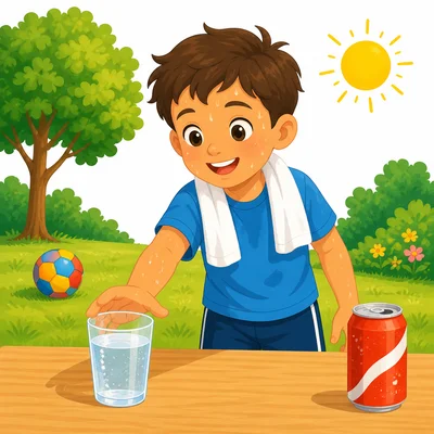 A thirsty child chooses water after playing outside.