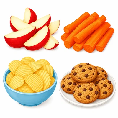 Apple slices, carrot sticks, potato chips, and cookies shown as snack choices.