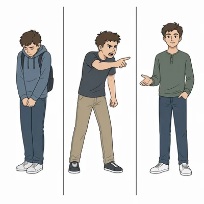 Three students show passive, aggressive, and assertive body language in separate panels.