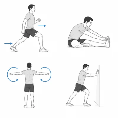 Four figures demonstrate walking lunges, a hamstring stretch, arm circles, and a calf stretch against a wall.