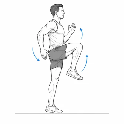A runner performs high knees with motion arrows showing dynamic movement.