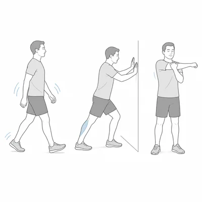 Three figures show a cool-down routine with slow walking and gentle stretches.