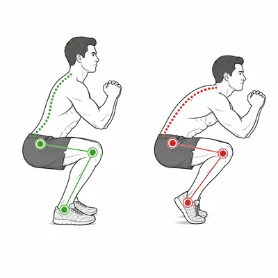 Two squat diagrams compare safer form with improper form, showing posture and joint alignment.