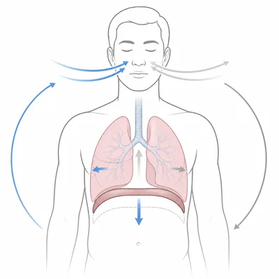 Diagram of a person using slow breathing, with arrows showing air moving in and out of the lungs and diaphragm movement.