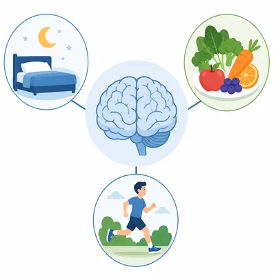 A brain connected to sleep, healthy food, and physical activity.