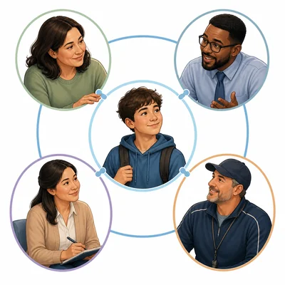 A student surrounded by a support network of trusted adults.