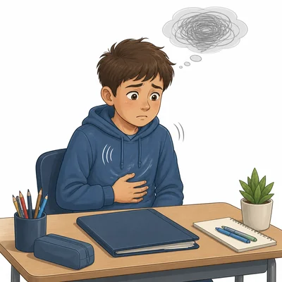 An anxious student at a desk with visual signs of stress.