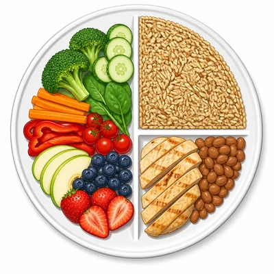 A plate divided into half fruits and vegetables, one quarter grains, and one quarter lean protein.
