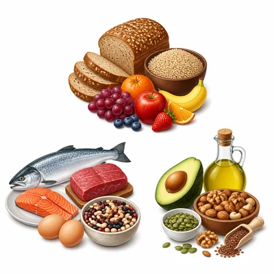 Three clusters of foods representing carbohydrates, proteins, and fats.