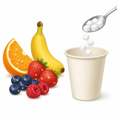 Fruit with natural sugar contrasted with sugar cubes added to a drink.