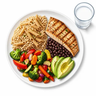 A balanced dinner plate with carbohydrate, protein, fat, and vegetables.