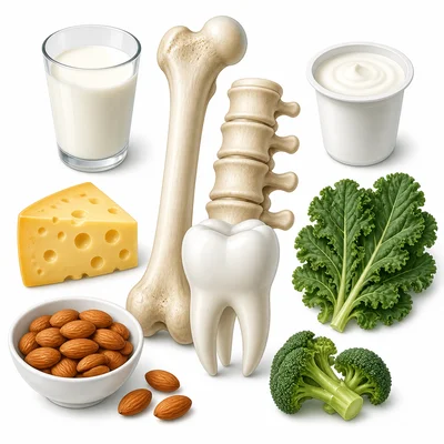 Bones and a tooth surrounded by foods that can provide calcium.
