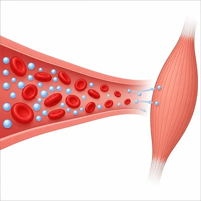 Red blood cells carrying oxygen through a blood vessel toward a muscle.