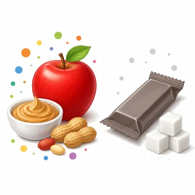 An apple with peanut butter compared with a candy bar and sugar cubes.