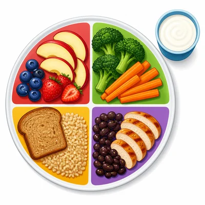 A divided plate showing foods from the five food groups.