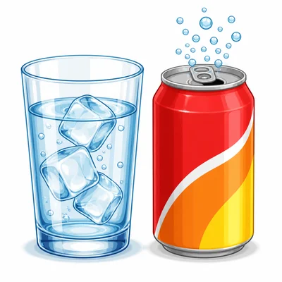 A glass of water next to a plain soda can.