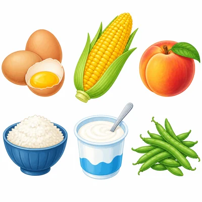 Eggs, corn, peach, rice, yogurt, and green beans.