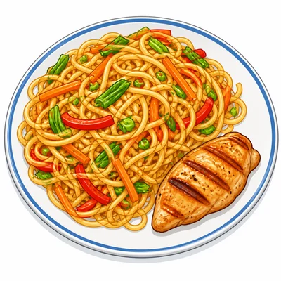 A plate with many noodles and a small piece of chicken.