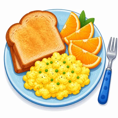 A breakfast plate with toast, scrambled eggs, and orange slices.