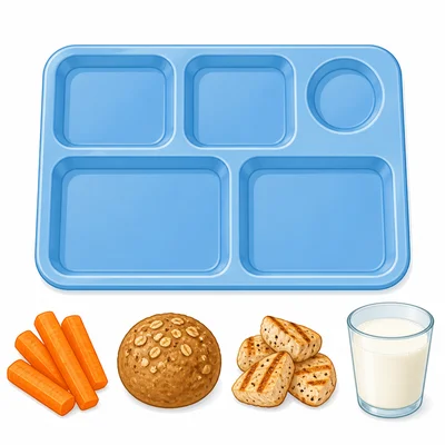 A divided lunch tray with vegetables, grains, protein, and milk nearby.