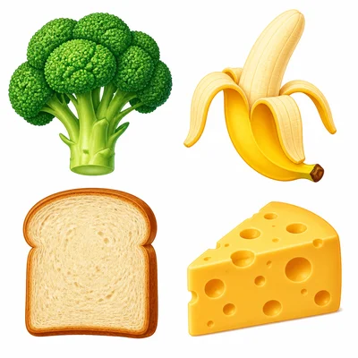 Broccoli, banana, bread, and cheese shown separately.