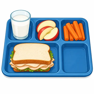 A lunch tray with a sandwich, apple slices, carrots, milk, and an empty space.
