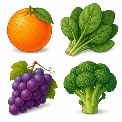 An orange, spinach, grapes, and broccoli.