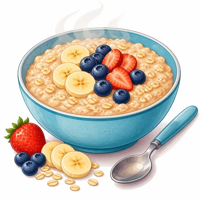 A bowl of oatmeal with a spoon and fruit toppings.
