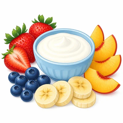 A bowl of yogurt with different fruits nearby.