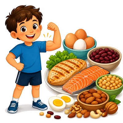 A child flexing next to protein foods.