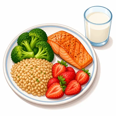 A balanced dinner plate with protein, grains, vegetables, fruit, and milk.