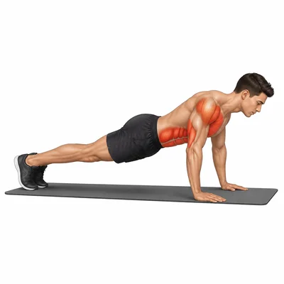 A student doing a push-up with arm, chest, shoulder, and core muscles highlighted.