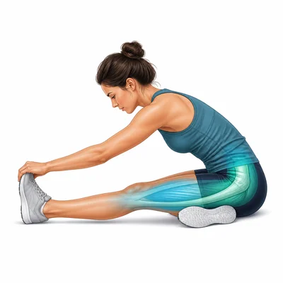 A student stretching toward the toes with leg and hip areas highlighted.