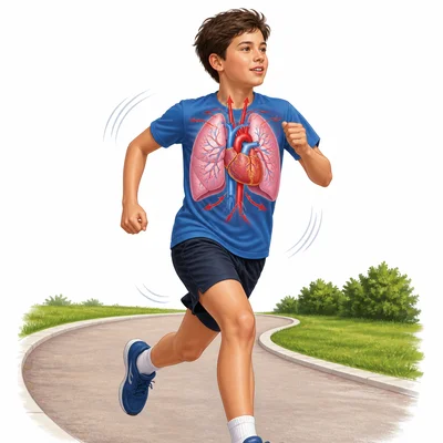A child running with the heart and lungs shown to suggest faster heartbeat during exercise.