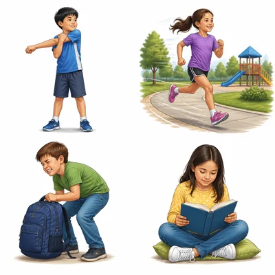 Four activities shown: stretching, jogging, lifting a backpack, and sitting while reading.
